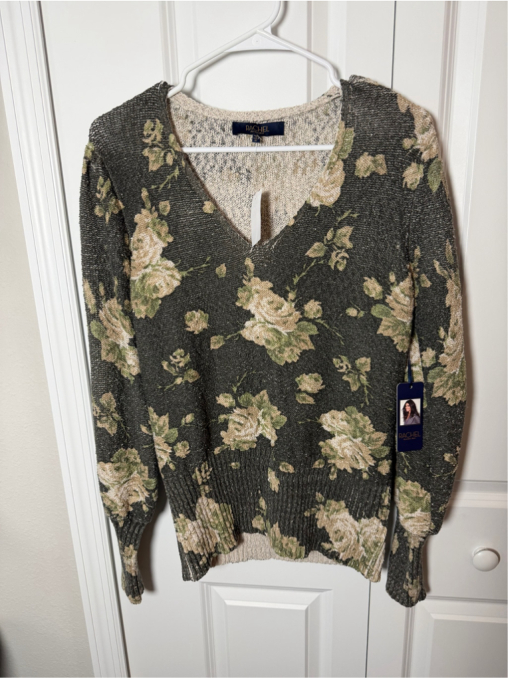 Rachel Rachel Roy V-Neck Sweater XL Grey Beige Floral NWT